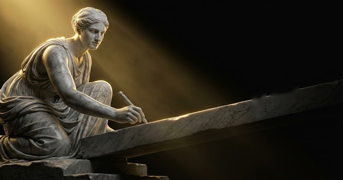 A colossal marble statue of Mnemosyne inscribing an unbroken tablet, lit by gold light against black