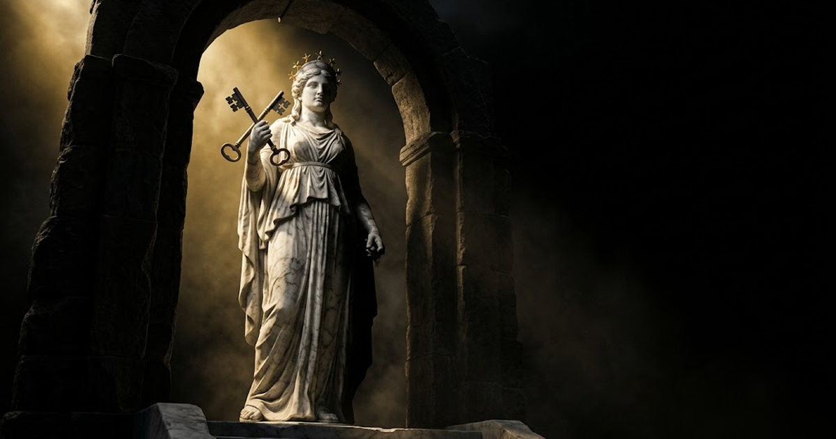A colossal marble statue of Hecate standing at a threshold holding two keys, lit by gold light against black