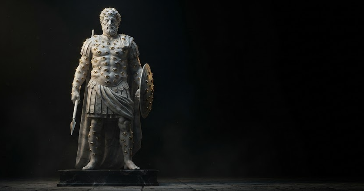 A colossal marble figure of Argus covered in many watchful eyes, standing sentinel in gold light against a black void.