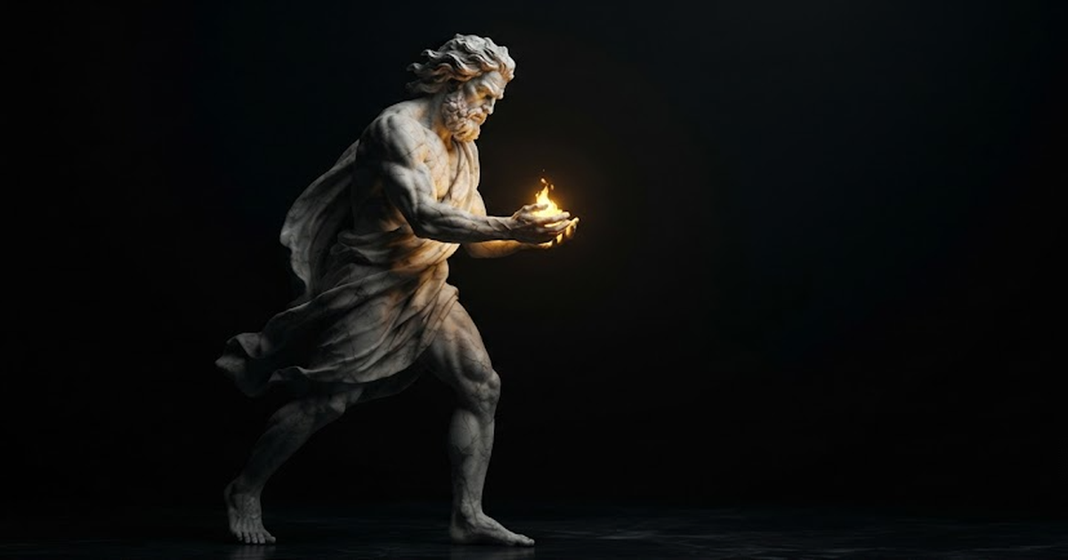 A colossal marble figure of Prometheus reaching forward cradling a small flame of gold light in his open palms in a black void.