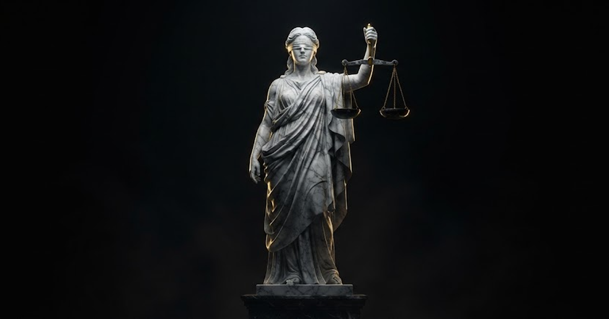 A colossal marble figure of Themis standing upright and blindfolded, holding level balance scales that glint with gold light in a black void.