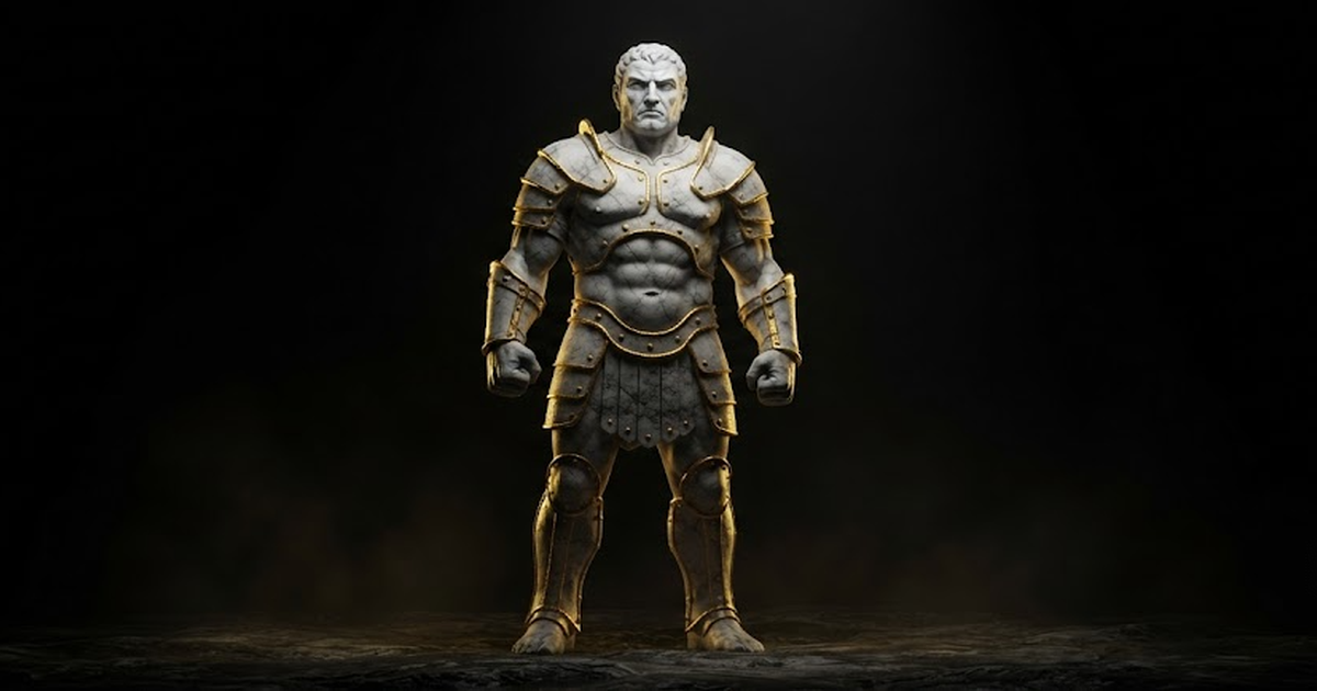 A colossal marble figure of Talos the bronze guardian standing planted with fists clenched, gold light tracing his armoured frame in a black void.