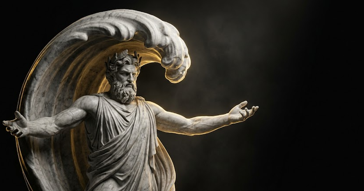 A colossal marble figure of a bearded sea titan holding a great wave aloft against a black background in gold light