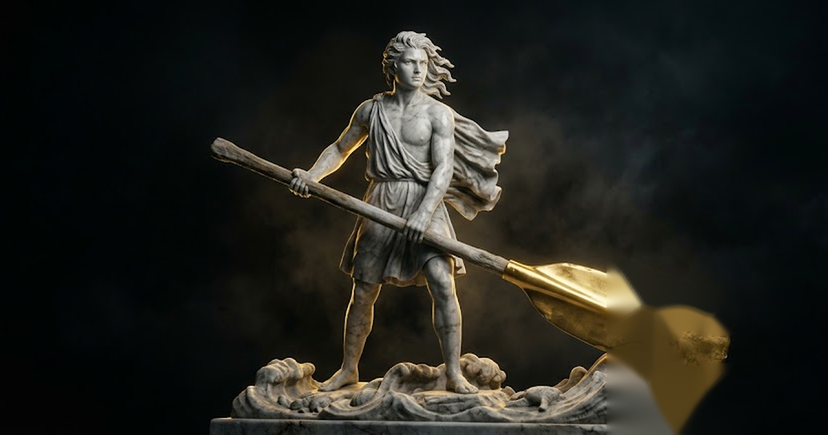 A colossal marble helmsman figure gripping a great steering oar in darkness lit by gold light