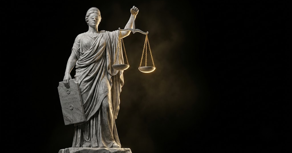A colossal marble figure holding sealed scales and a bound tablet in shadow under gold light