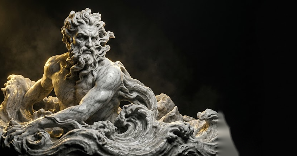 A colossal marble figure of a many-formed sea prophet emerging from shifting stone waves in gold light
