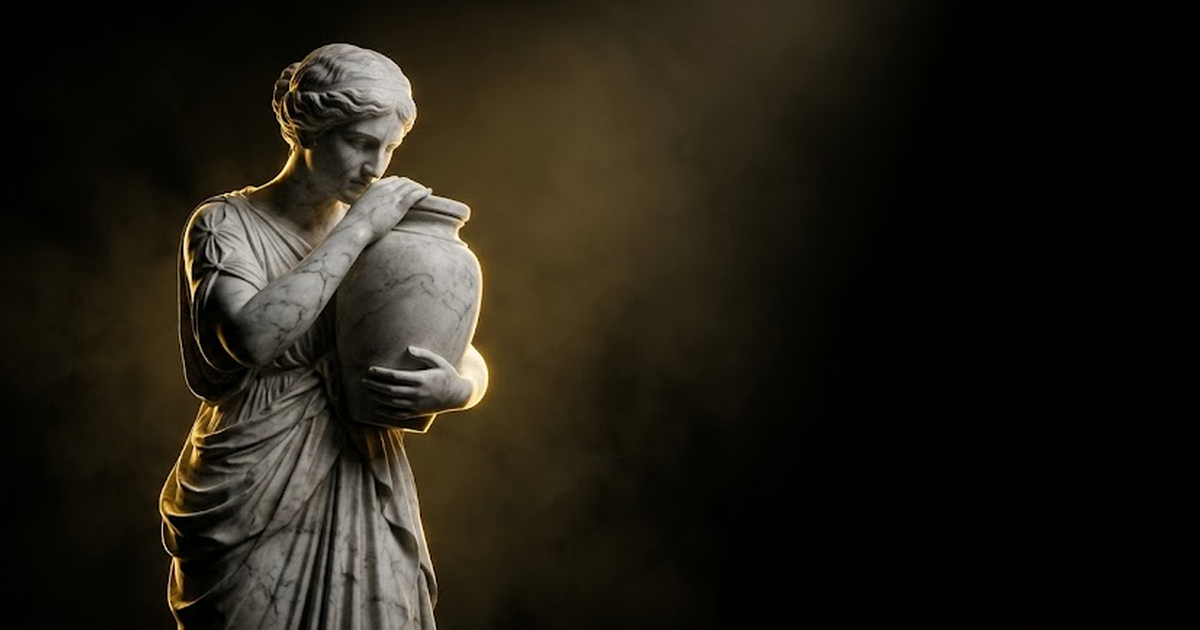 A colossal marble statue of a robed figure cradling a great sealed vessel close to the chest, lit by gold light in darkness