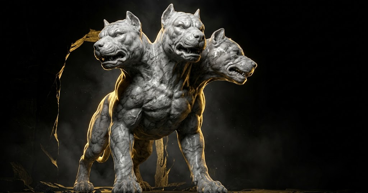 A colossal three-headed marble hound rising from darkness at a threshold, illuminated by a low gold glow