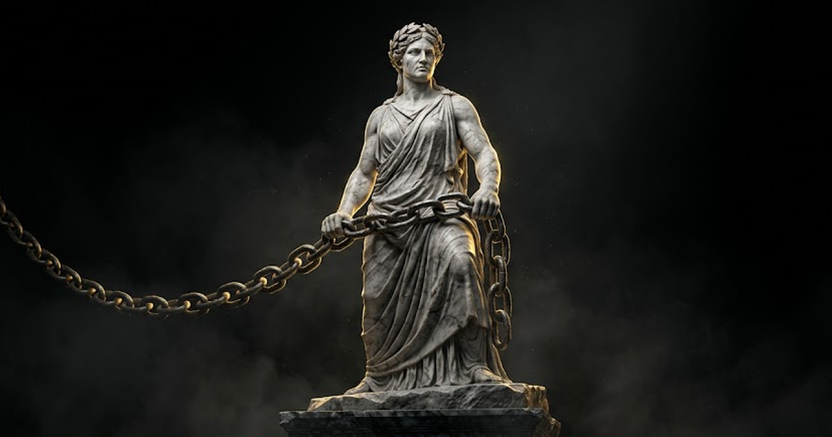 A colossal marble statue of a figure gripping a long unbroken chain that catches a thread of gold light in the dark