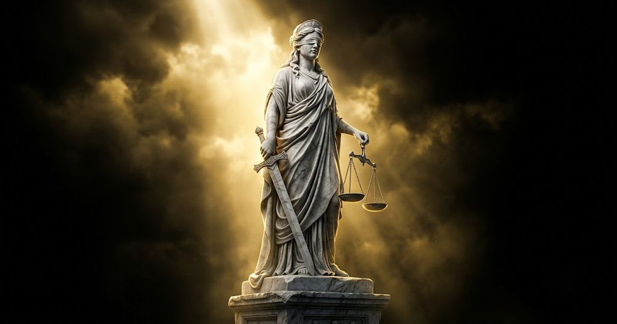 A colossal blindfolded marble figure standing sentinel with a sheathed sword lowered at her side, lit by a rising shaft of gold light against darkness