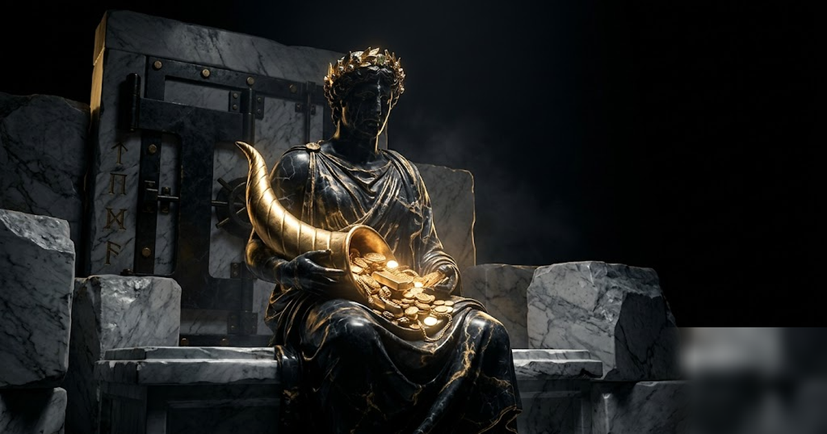 Cinematic Greek pantheon scene, Plutus the god of wealth in black marble and satin gold, cradling a glowing golden hoard of coins within a sealed marble vault, void-black background, dramatic chiarosc
