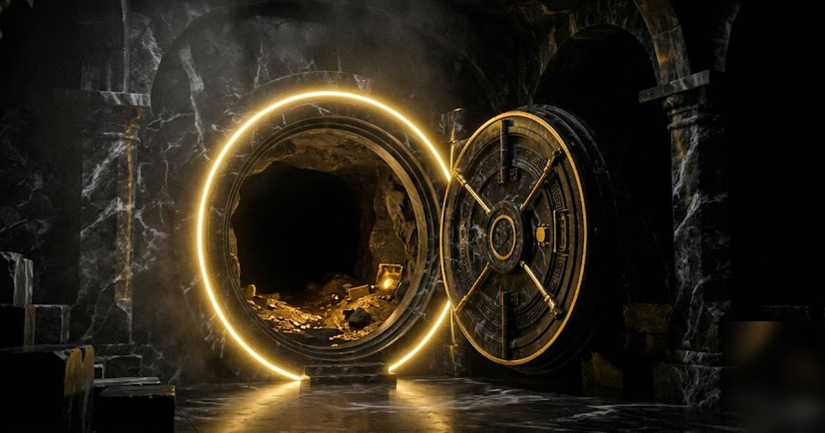 A vast black-marble bank vault with an unbroken ring of luminous gold marking its threshold, golden treasure glowing faintly within, void-black void beyond the door, cinematic, no text, no UI, framele