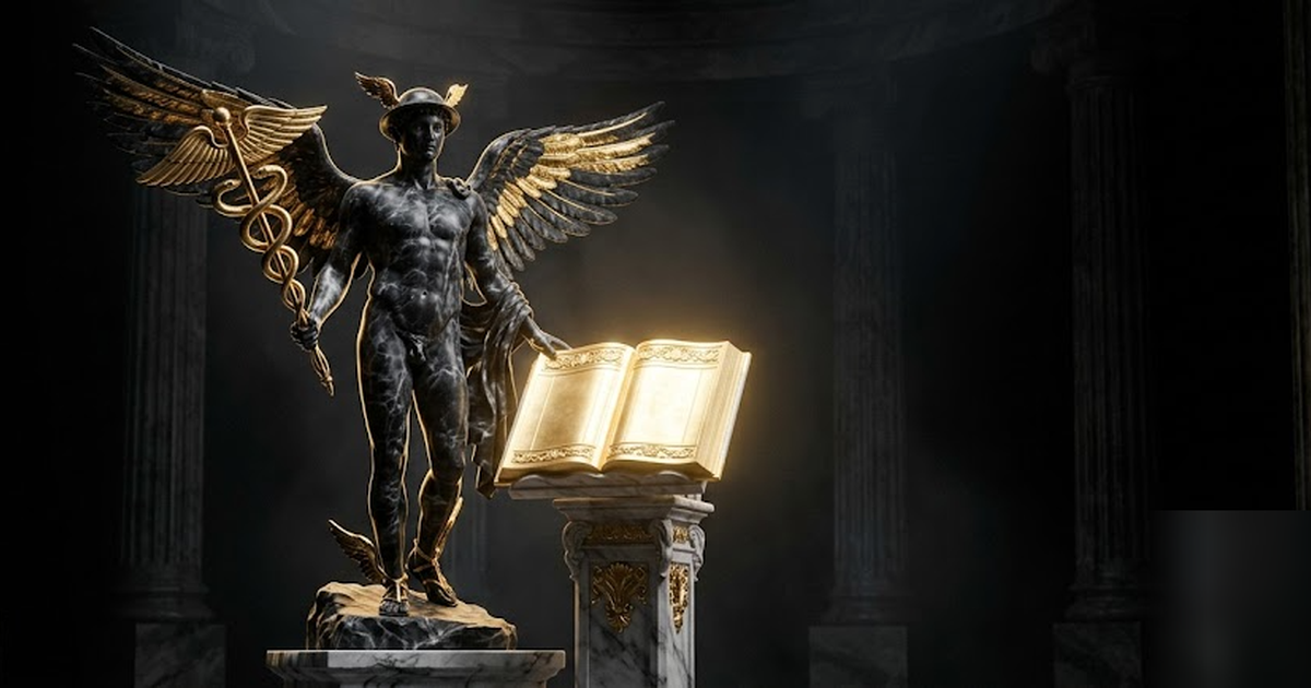 Hermes the keeper of commerce rendered in black marble with gold-leaf wings and caduceus, guarding a glowing golden ledger, classical columns fading into shadow, cinematic, no text, no charts, framele