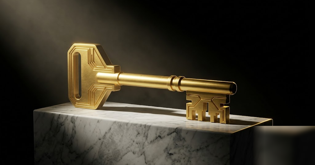 A single golden key of immense scale resting on a black-marble plinth in pure void, one dramatic shaft of light, satin-gold and void-black palette, cinematic and severe, no text, no people, frameless,