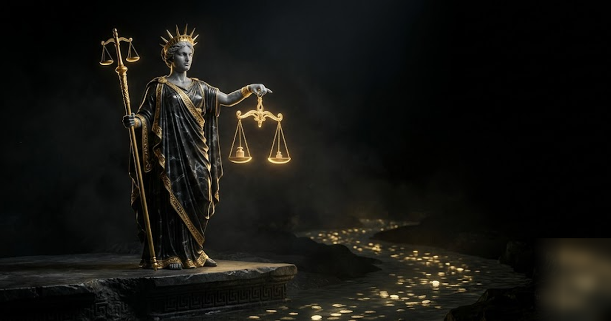Nemesis the goddess of retribution in black marble and gold, weighing a glowing golden scale over a river of faint coin-light, watchful and still, void-black surround, cinematic, no text, no UI, no ch