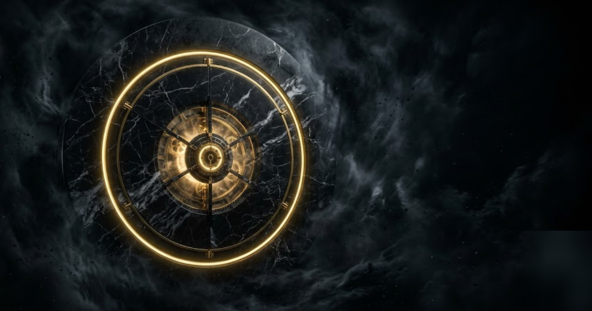 A black-marble strongroom door, circular and seamless, edged in luminous satin gold and sealed shut, glowing from within, stormy void around it, cinematic and dignified, no text, no people, frameless,
