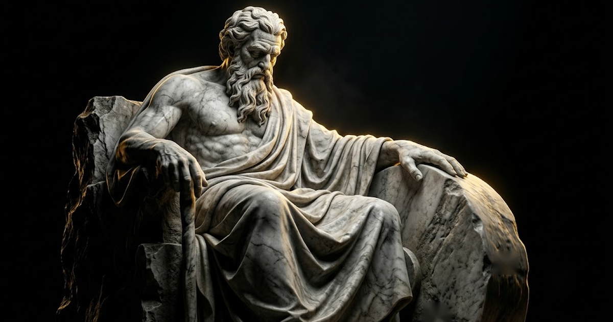 A colossal marble statue of an ancient robed figure resting a hand on a great stone wheel, lit by a single gold rim of light against black.