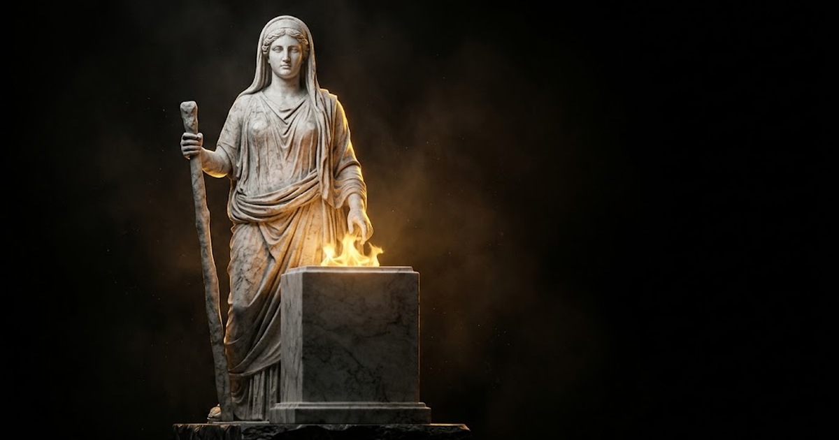 A towering marble statue of a serene guardian figure watching over a small golden flame in complete darkness.