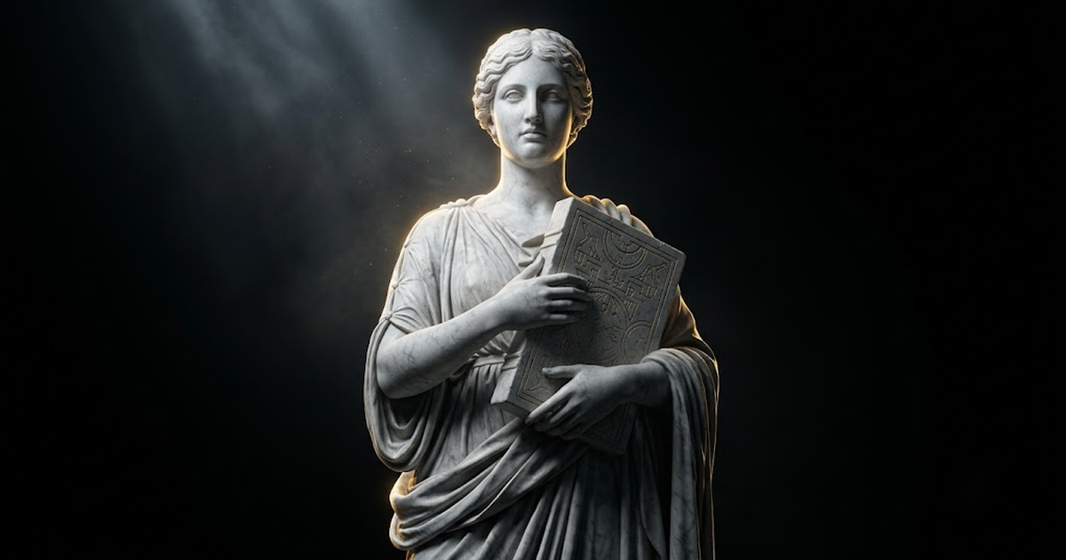 A giant marble statue of a solemn figure clutching a sealed stone tablet, its edges traced in gold light against a black void.