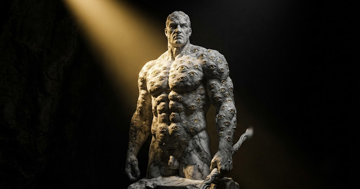 A giant marble sentinel covered in many eyes standing guard in deep darkness lit by a single gold beam
