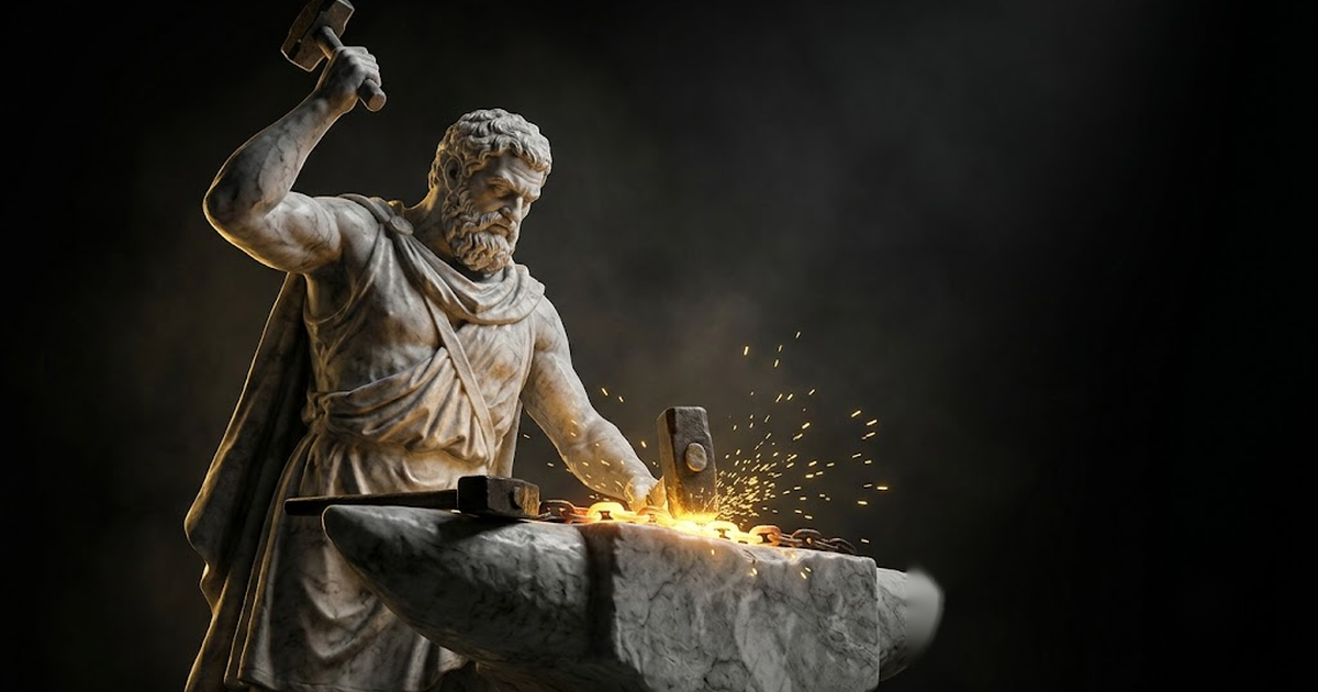 A colossal marble smith god forging a chain of glowing links at a dark anvil lit by gold sparks