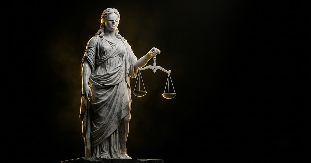 A towering blindfolded marble figure of justice holding level scales in deep shadow lit by a thin gold edge