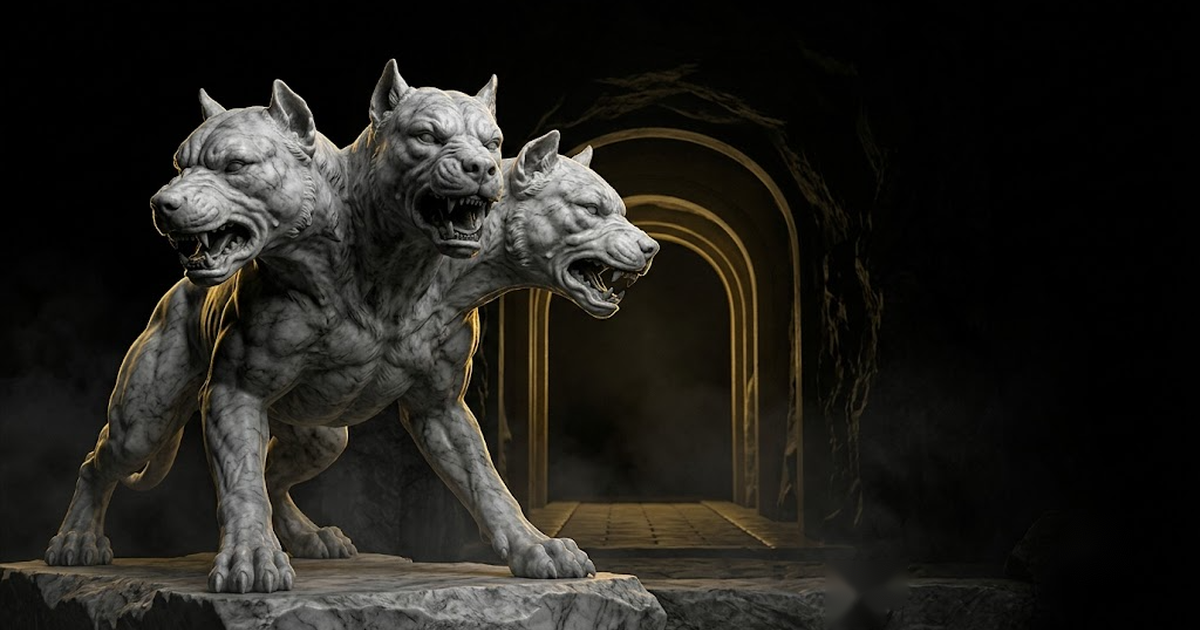 A giant three-headed marble hound crouched guarding a dark threshold edged with gold light