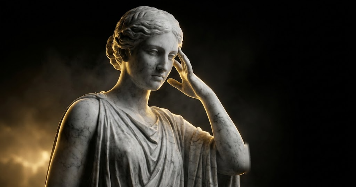 A colossal marble statue of Mnemosyne with an inward gaze, half lit in gold against deep black