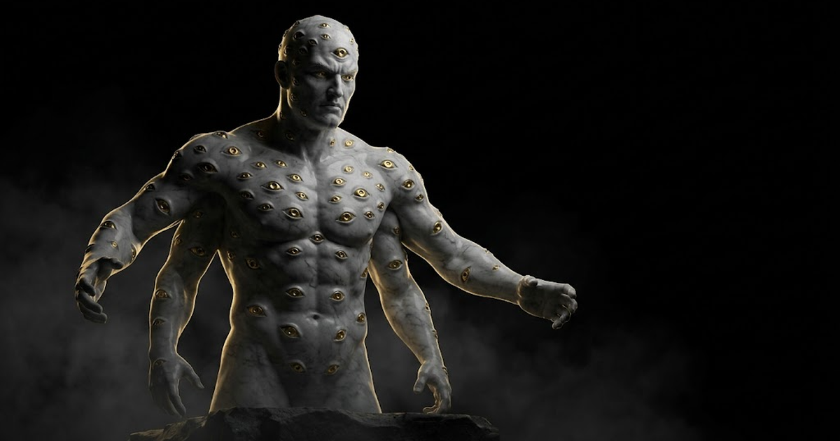 A colossal marble statue of Argus Panoptes covered in watchful eyes, dramatically lit in gold against black