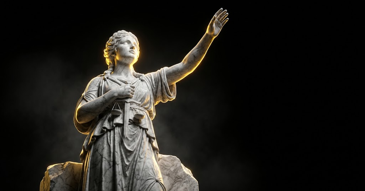 A colossal marble statue of Astraea rising with a raised hand, illuminated in gold against a black void