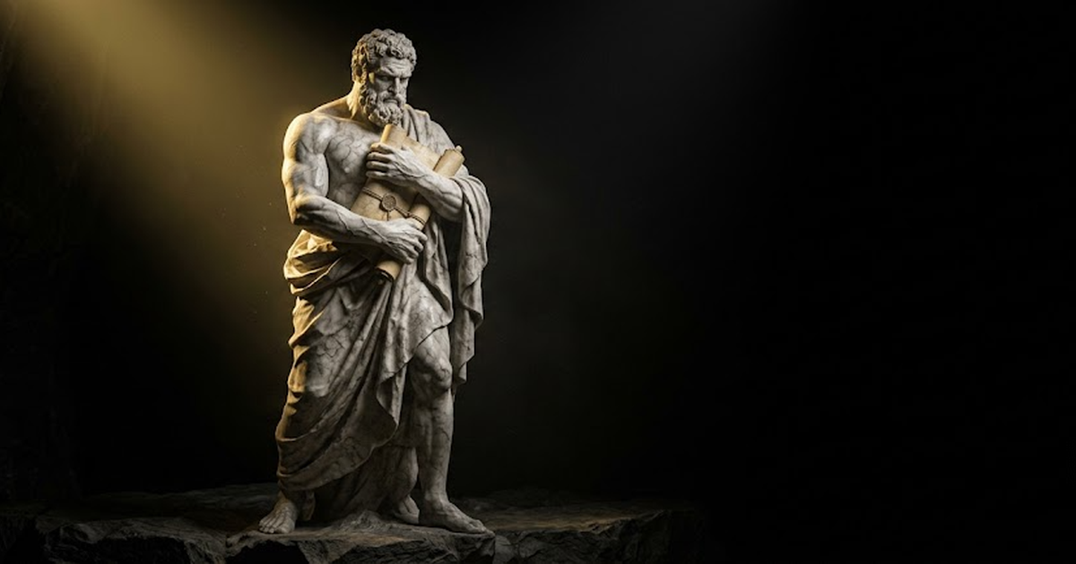 A colossal marble statue of a robed titan holding a sealed scroll close to his chest in deep shadow lit by a thin gold beam