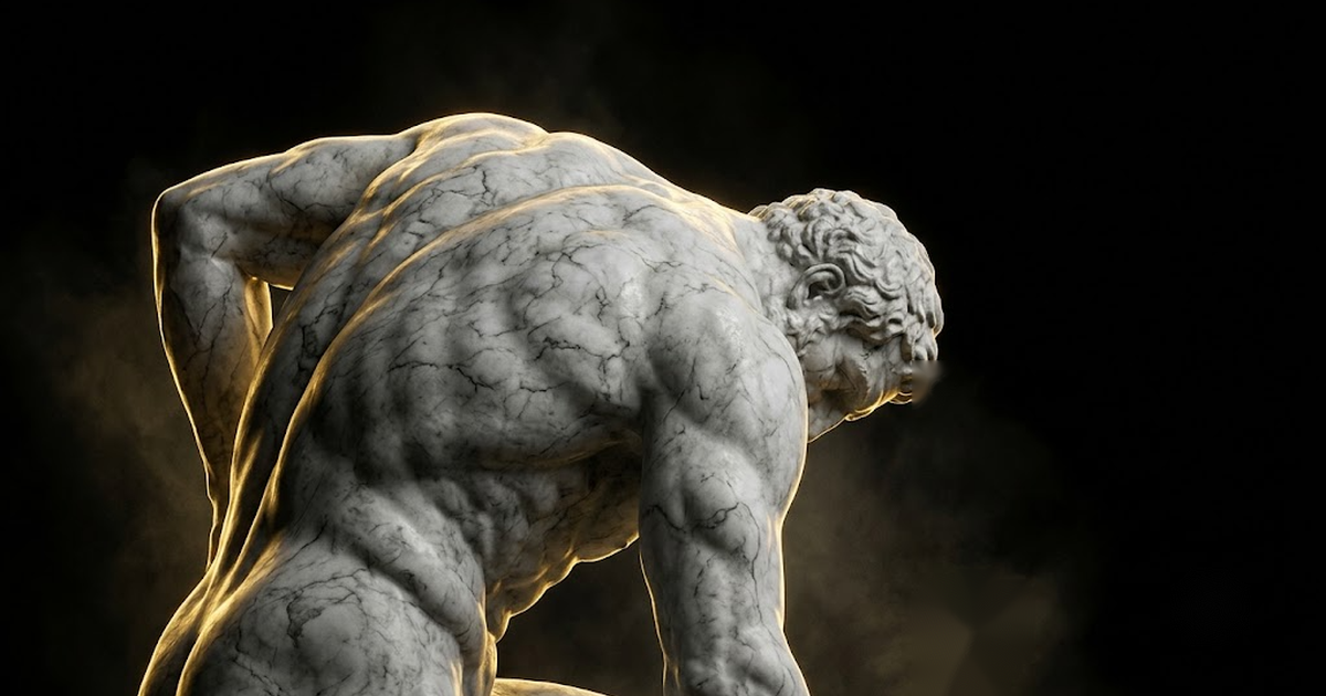 A colossal marble statue of a stern titan bearing an immense weight on his shoulders standing firm in darkness under a gold rim of light