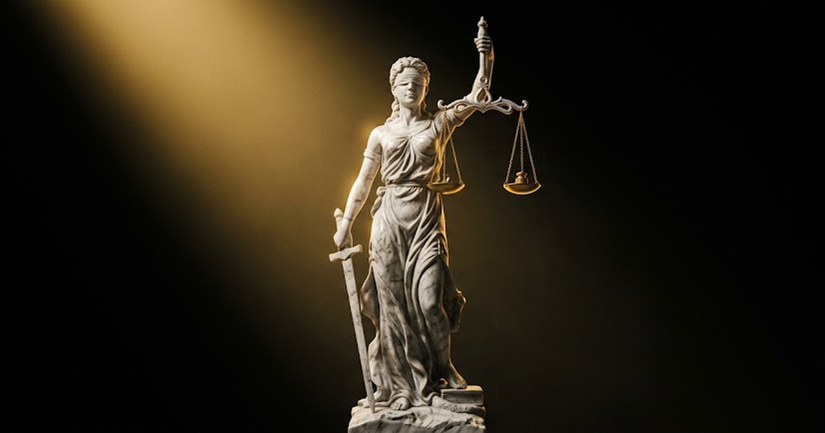 A colossal marble statue of a serene titaness holding aloft a balanced set of scales in one hand within a black void lit by gold