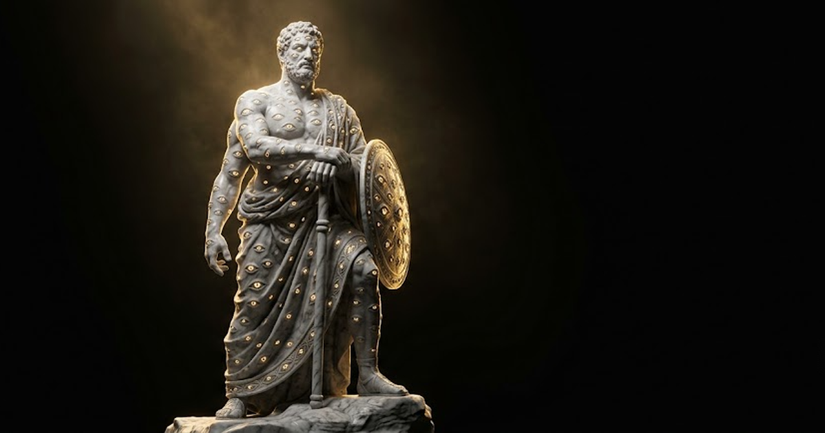 A colossal marble statue of a many-eyed watchful giant standing guard in total darkness with gold light catching along his form