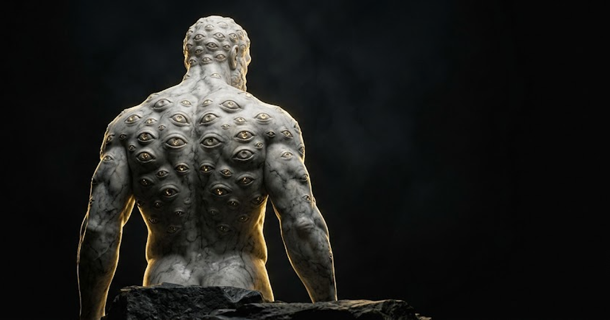 A towering marble giant covered in many eyes standing alert in near-total darkness with small gold highlights across his form.