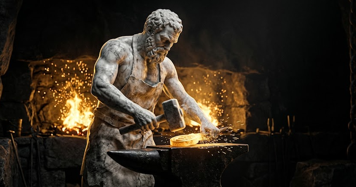 A powerful marble smith god working at a dark anvil with gold sparks and forge light illuminating him against blackness.