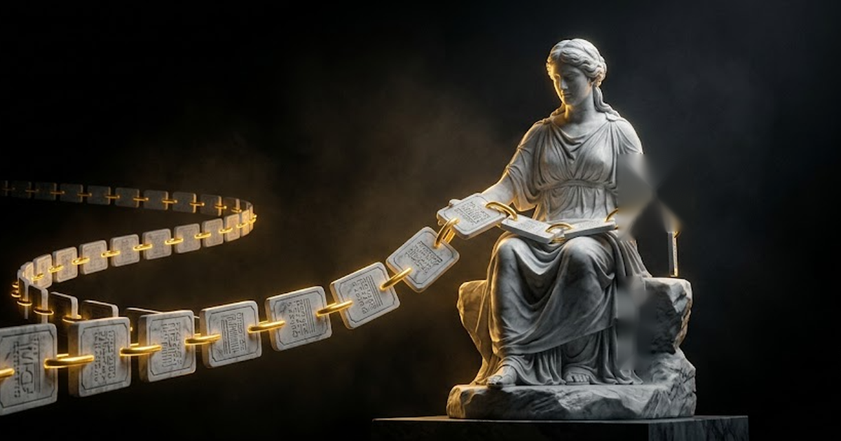 A calm colossal marble woman holding a long chain of engraved tablets that fades into darkness with a thread of gold linking each one.