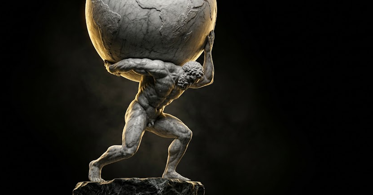 A colossal straining marble titan holding a huge sphere on his shoulders in darkness with gold light across his back.