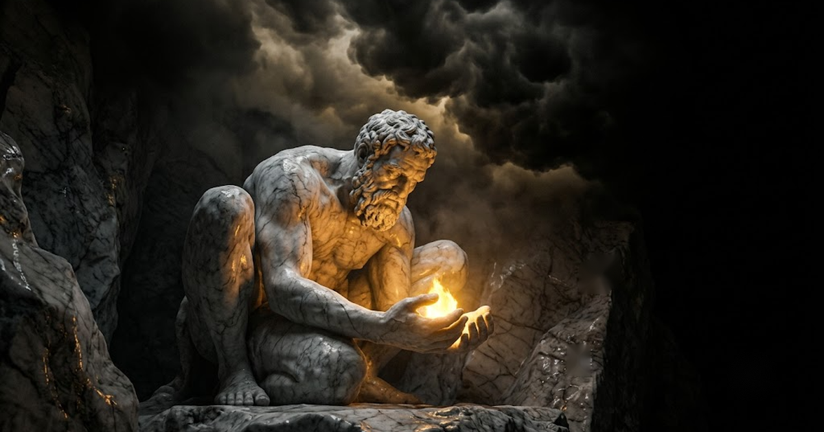 A colossal marble Prometheus figure holding a small flame in cupped hands against a black void lit by satin gold light