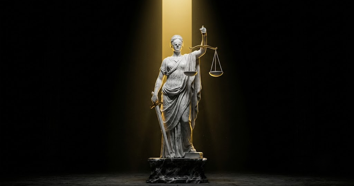 A colossal marble Themis figure standing blindfolded and still, holding level scales, lit by narrow satin gold light in a black void