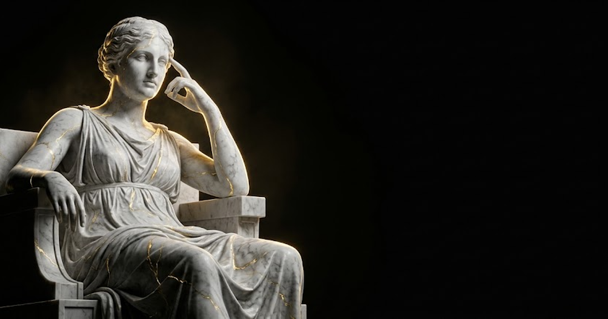 A colossal marble Mnemosyne figure with eyes closed, one hand to her temple, glowing gold veins of memory across white marble in a black void