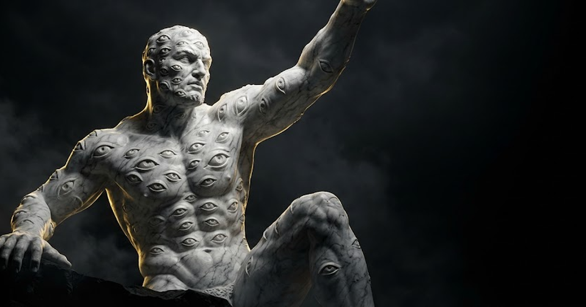 A colossal marble Argus figure covered in many watchful eyes, illuminated by satin gold light against a black void