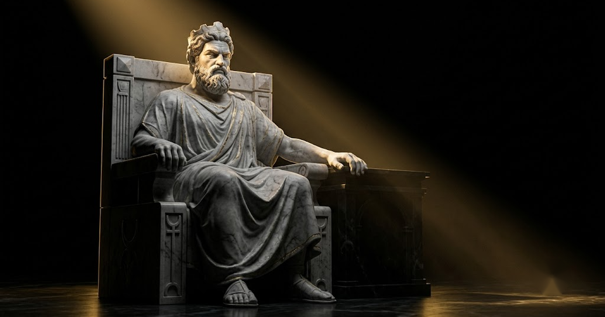 Colossal marble figure of Hades seated beside a sealed vault in darkness lit by gold light