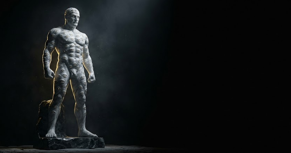 Giant marble guardian covered in many eyes glinting with gold light against black