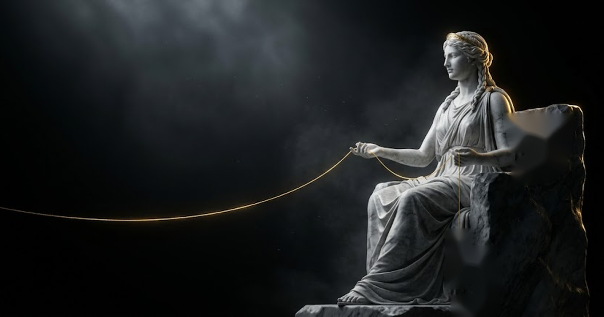 Marble figure of Mnemosyne holding an unbroken golden thread receding into darkness