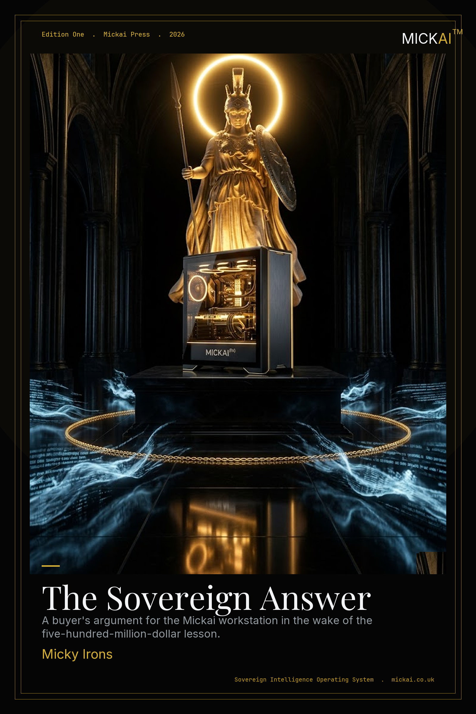 The Sovereign Answer. The Mickai workstation enshrined beneath Athena, goddess of wisdom and strategy, the buyer's argument in the wake of the five-hundred-million-dollar lesson.