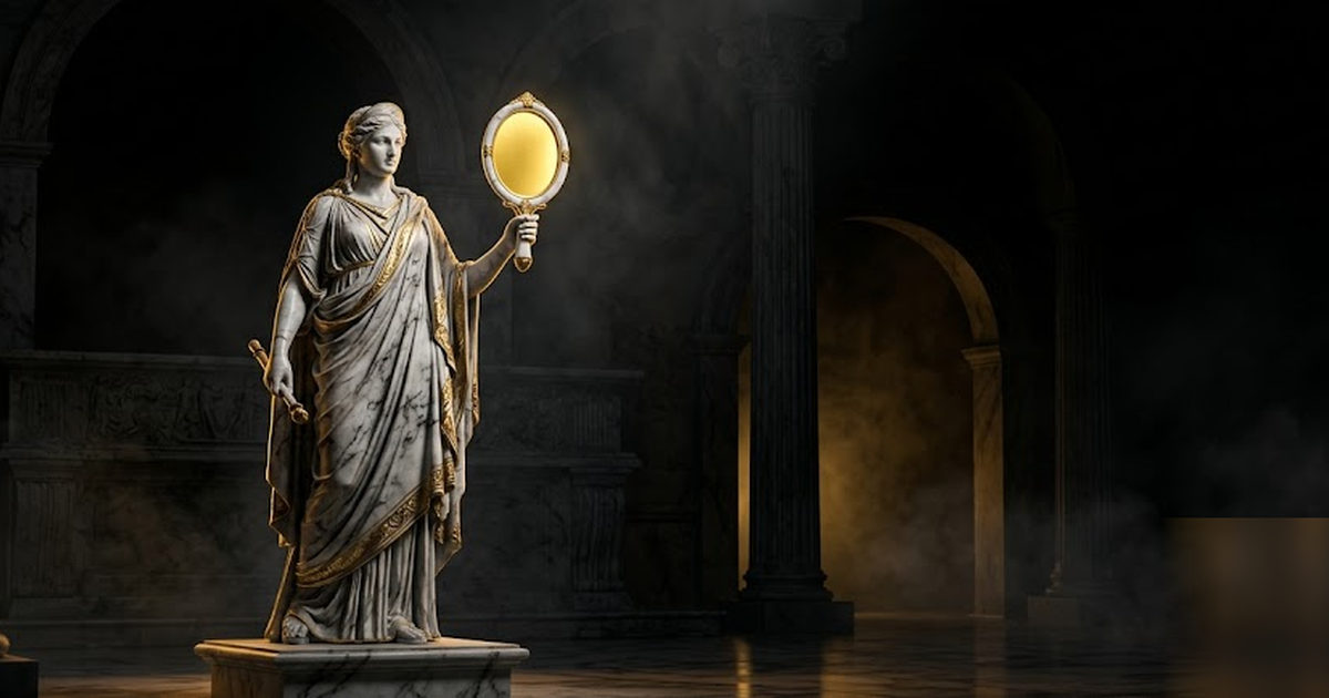 Cinematic Greek pantheon scene, the goddess Aletheia, spirit of truth, rendered in void-black and satin-gold marble, holding a mirror that reflects only gold, dramatic chiaroscuro light, no text, no p