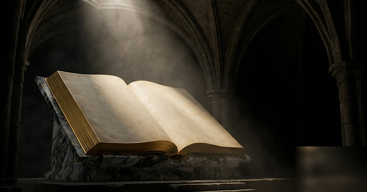 A black marble ledger book the size of an altar, its pages edged in satin gold, lit by a single shaft of light in a vaulted chamber, mythic atmosphere, no text, no people, no charts, frameless, no wat