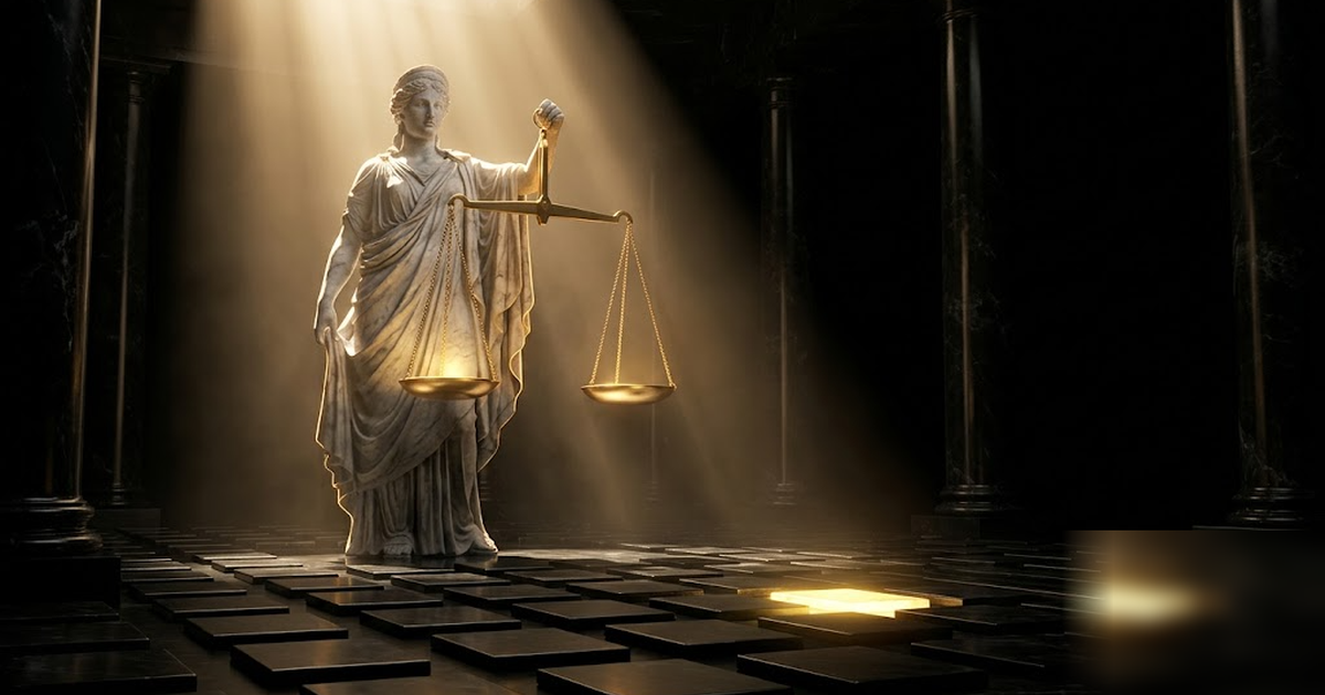 Goddess holding golden scales over a sea of black marble tablets, one tablet glowing gold to mark an anomaly, dramatic god-rays, void-black hall, no text, no people in offices, no UI, frameless, no wa