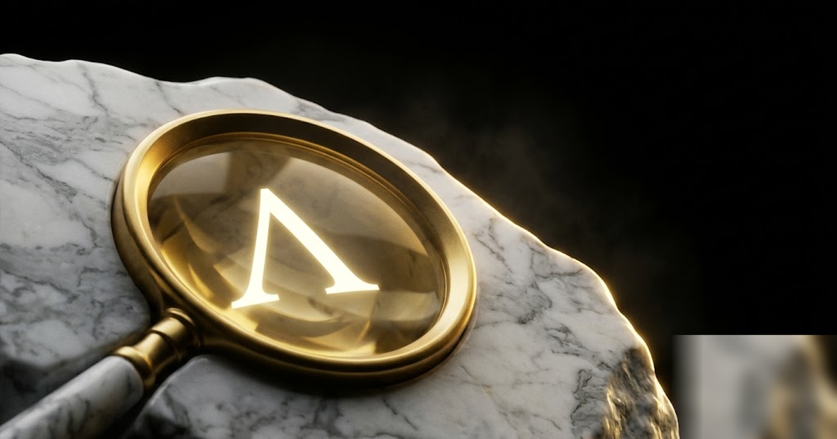 A satin-gold magnifying lens carved into black marble revealing a single luminous Greek glyph, macro cinematic lighting, void-black background, sense of inspection, no text, no UI, frameless, no water
